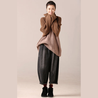 Süße Pullover Wetter Plus Größe High Neck Khaki übergroßen Strickwaren Patchwork