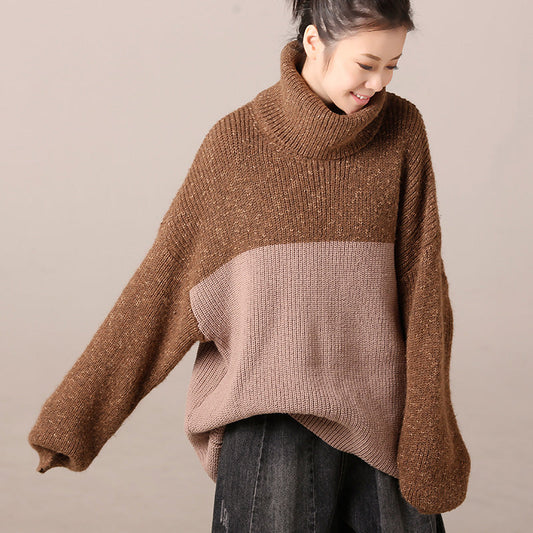 Süße Pullover Wetter Plus Größe High Neck Khaki übergroßen Strickwaren Patchwork