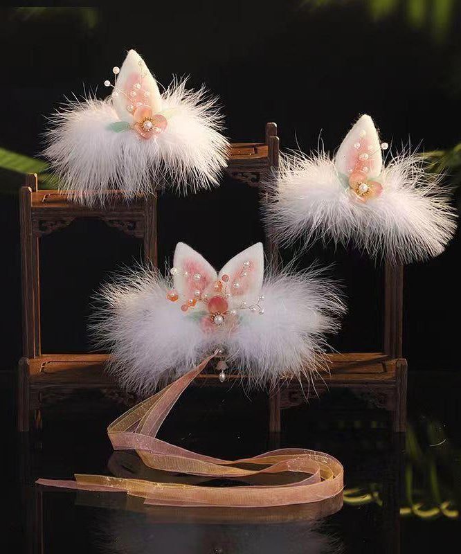 Cute Watery Red Alloy Pearl Colored Glaze Cat's Ears Feather Hairpin And Ribbon Two-Piece Set