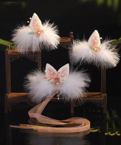 Cute Watery Red Alloy Pearl Colored Glaze Cat's Ears Feather Hairpin And Ribbon Two-Piece Set