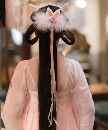 Cute Watery Red Alloy Pearl Colored Glaze Cat's Ears Feather Hairpin And Ribbon Two-Piece Set