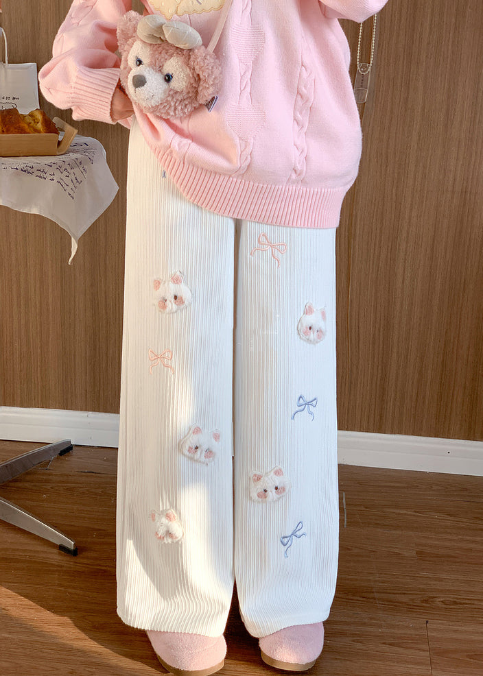 Cute White Cat Decorated Embroidered Warm Fleece Pants Winter