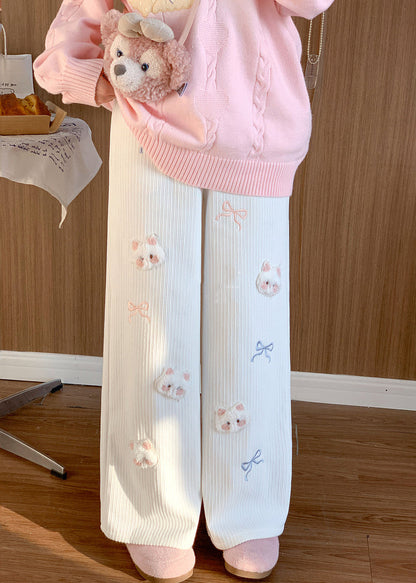 Cute White Cat Decorated Embroidered Warm Fleece Pants Winter