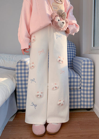 Cute White Cat Decorated Embroidered Warm Fleece Pants Winter