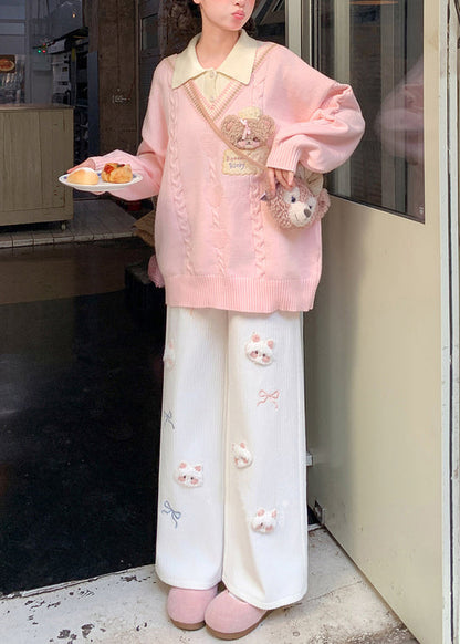 Cute White Cat Decorated Embroidered Warm Fleece Pants Winter