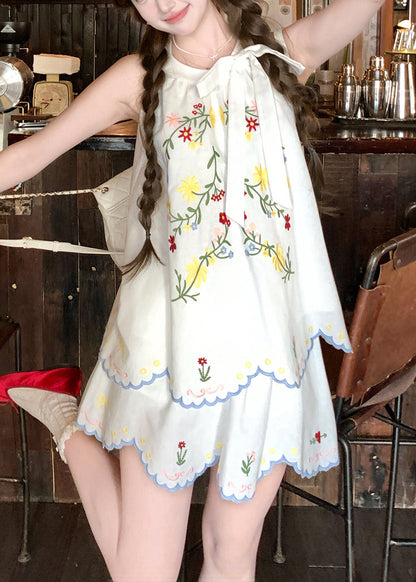 Cute White Embroidered Top And Skirts Linen Two Piece Suit Set Summer