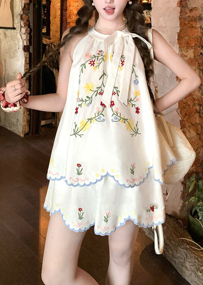 Cute White Embroidered Top And Skirts Linen Two Piece Suit Set Summer