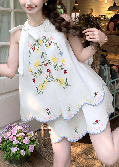 Cute White Embroidered Top And Skirts Linen Two Piece Suit Set Summer