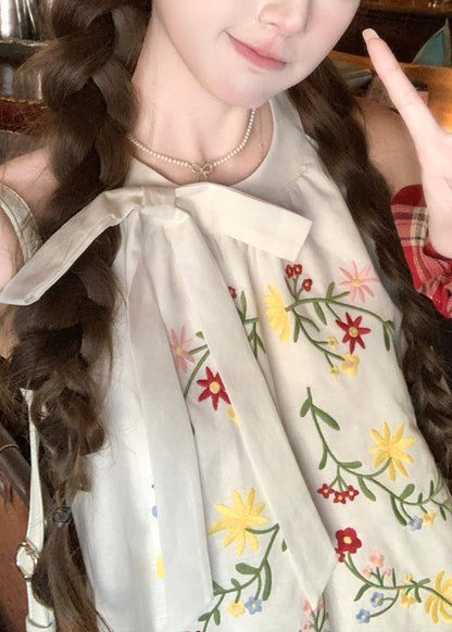Cute White Embroidered Top And Skirts Linen Two Piece Suit Set Summer