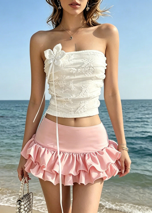 Cute White Floral Vest And Skirts Two Piece Set Sleeveless