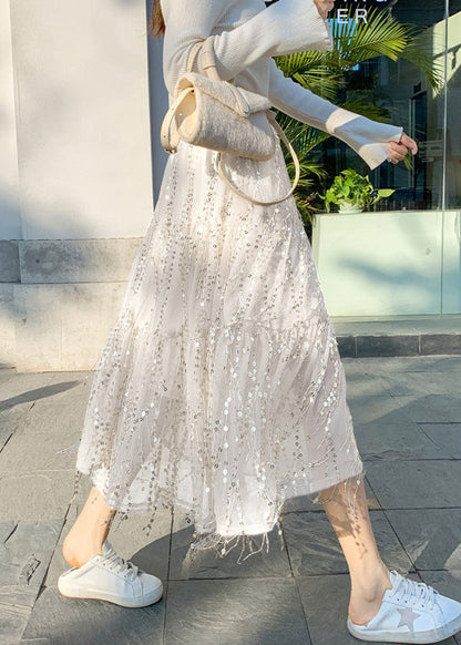 Süße weiße hohe Taille Quaste Tüll A-Linie Röcke Frühling