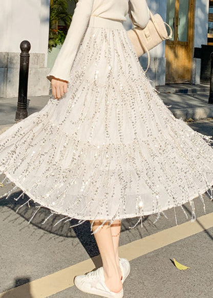 Süße weiße hohe Taille Quaste Tüll A-Linie Röcke Frühling