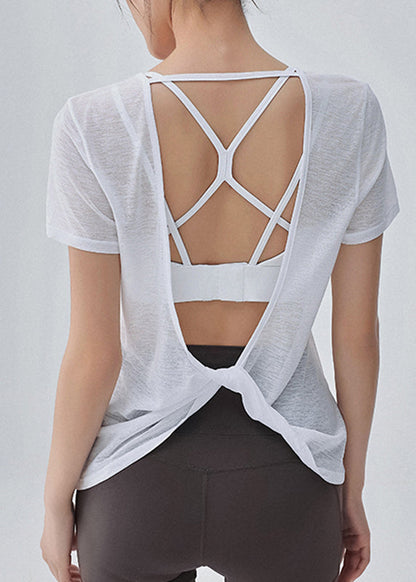 Cute White O-Neck Backless Short Sleeve Thin Yoga Tops
