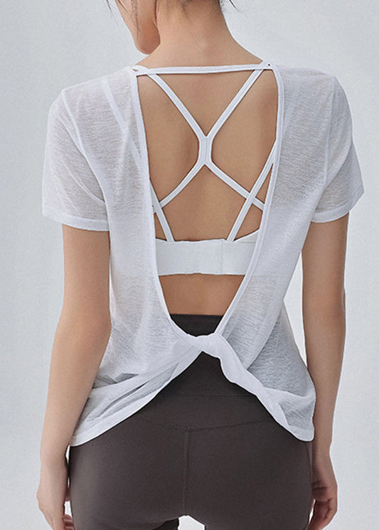 Cute White O-Neck Backless Short Sleeve Thin Yoga Tops