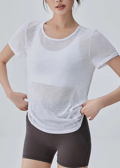 Cute White O-Neck Backless Short Sleeve Thin Yoga Tops