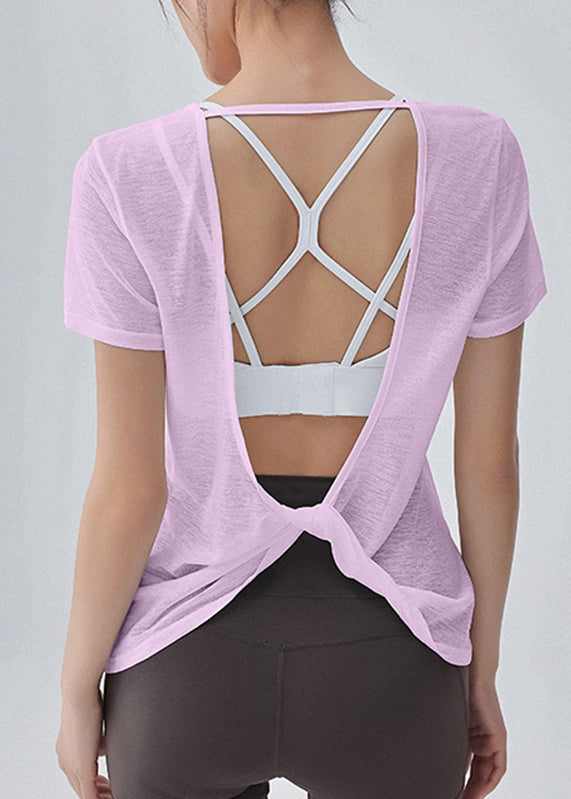 Cute White O-Neck Backless Short Sleeve Thin Yoga Tops