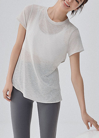 Cute White O-Neck Backless Short Sleeve Thin Yoga Tops