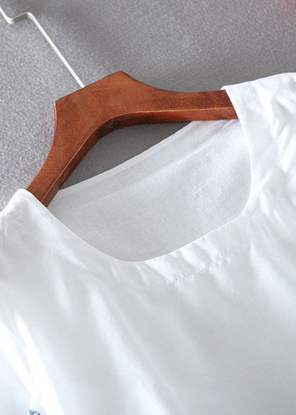 Süße weiße O-Ausschnitt bestickte Chiffon Tops Laterne Ärmel