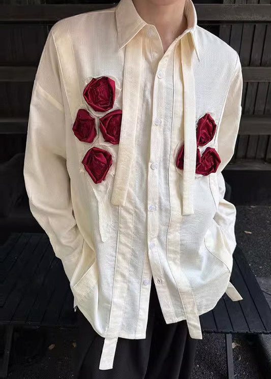 Cute White Oversized Floral Cotton Men Casual Clothing Fall