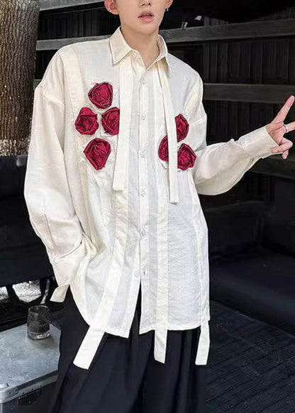 Cute White Oversized Floral Cotton Men Casual Clothing Fall