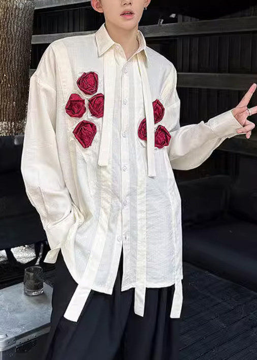 Cute White Oversized Floral Cotton Men Casual Clothing Fall