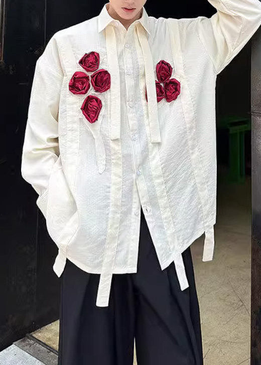 Cute White Oversized Floral Cotton Men Casual Clothing Fall