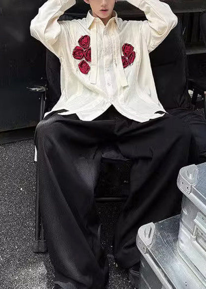 Cute White Oversized Floral Cotton Men Casual Clothing Fall