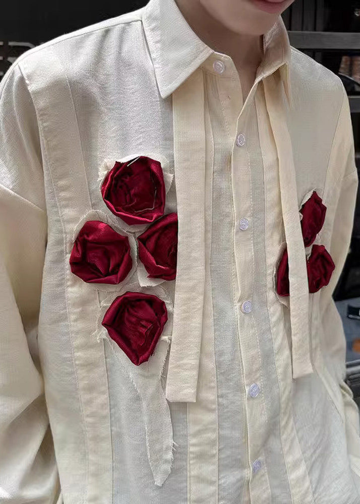 Cute White Oversized Floral Cotton Men Casual Clothing Fall