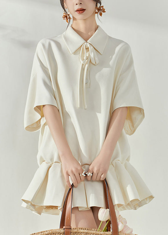 Cute White Peter Pan Collar Tie Lace Mid Dresses Short Sleeve