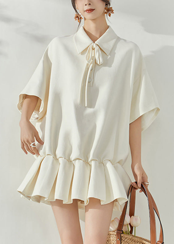 Cute White Peter Pan Collar Tie Lace Mid Dresses Short Sleeve