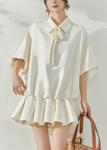 Cute White Peter Pan Collar Tie Lace Mid Dresses Short Sleeve