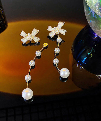 Lindos pendientes de borla con perla y lazo de aleación de plata esterlina blanca