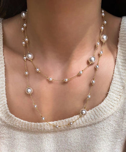 Cute White Sterling Silver Overgild Pearl Sweaters Lariat Necklace