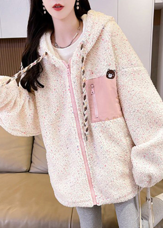 Cute White Zippered Patchwork Pockets Warm Fleece Faux Fur Hooded Parkas Winter
