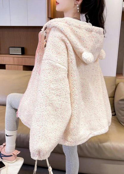 Cute White Zippered Patchwork Pockets Warm Fleece Faux Fur Hooded Parkas Winter