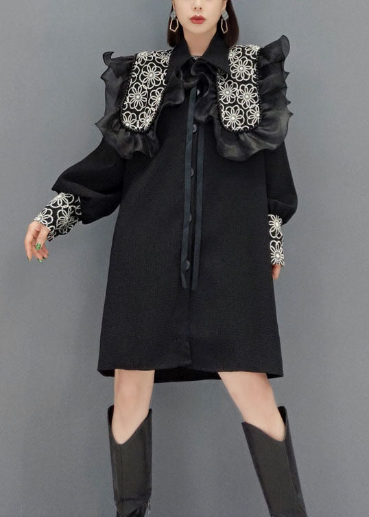 Süße weiße Knopf Peter Pan Kragen Spitze Patchwork Hemd Kleider Frühling