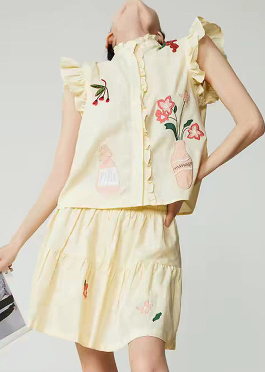Cute Yellow Embroidered Top And Skirts Two Pieces Set Sleeveless