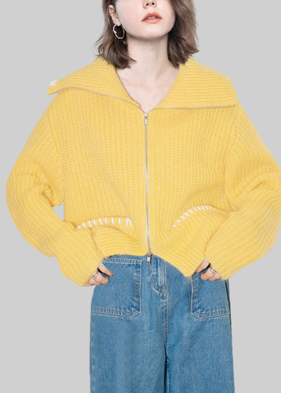 Cute Yellow Peter Pan Collar Zippered Cotton Knit Cardigans Fal