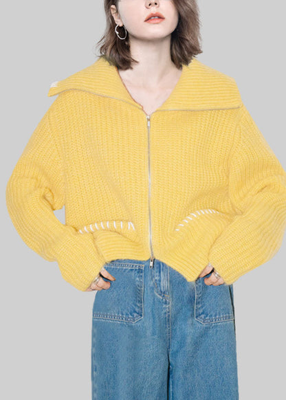 Cute Yellow Peter Pan Collar Zippered Cotton Knit Cardigans Fal
