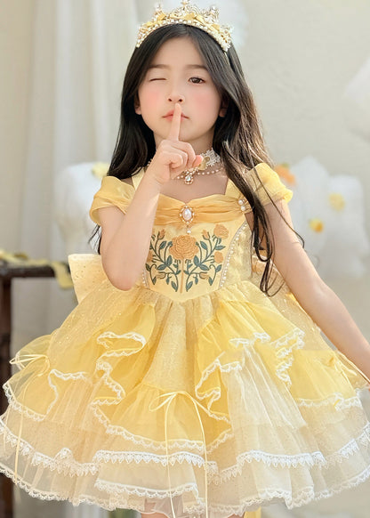 Cute Yellow Print Nail Bead Tulle Kids Maxi Dresses Summer
