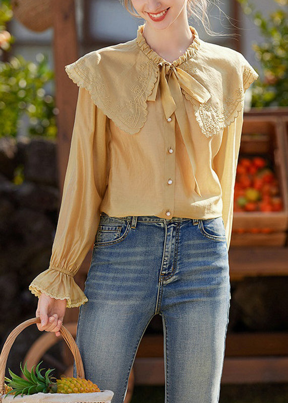 Niedliches gelbes Patchwork-Hemd mit Matrosenkragen und Laternenärmeln