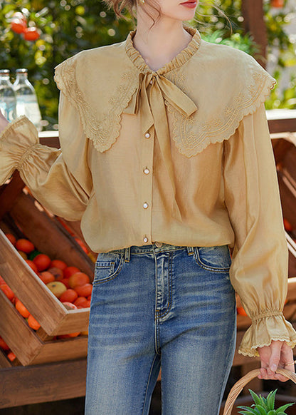 Niedliches gelbes Patchwork-Hemd mit Matrosenkragen und Laternenärmeln