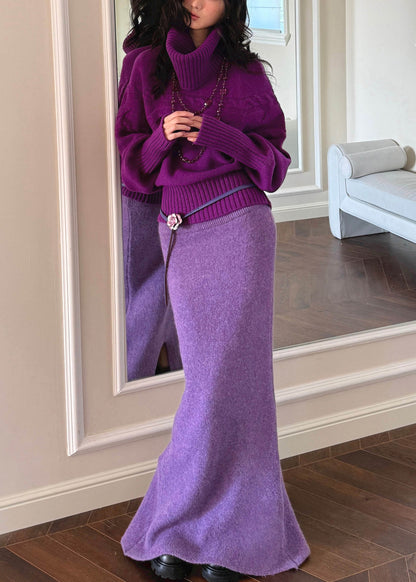 Niedliches gelbes Patchwork-Strickset aus Baumwollpullover und Maxirock mit Rollkragen, zweiteilig, Frühling