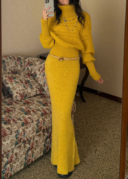 Niedliches gelbes Patchwork-Strickset aus Baumwollpullover und Maxirock mit Rollkragen, zweiteilig, Frühling