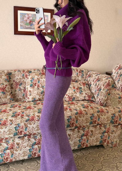 Niedliches gelbes Patchwork-Strickset aus Baumwollpullover und Maxirock mit Rollkragen, zweiteilig, Frühling