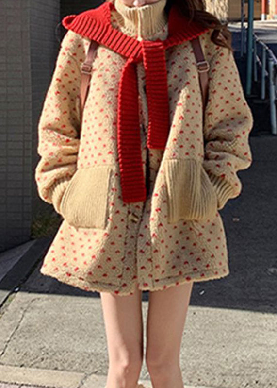 Niedlicher gelber Rollkragenmantel mit Taschen und Reißverschluss aus Kunstpelz, Laternenärmel