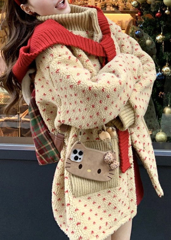 Niedlicher gelber Rollkragenmantel mit Taschen und Reißverschluss aus Kunstpelz, Laternenärmel