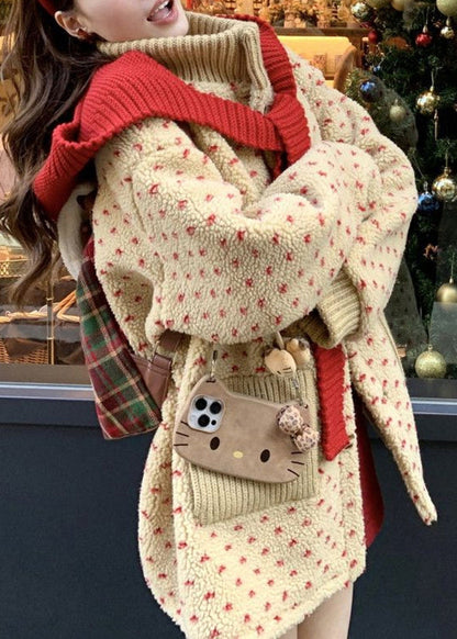 Niedlicher gelber Rollkragenmantel mit Taschen und Reißverschluss aus Kunstpelz, Laternenärmel