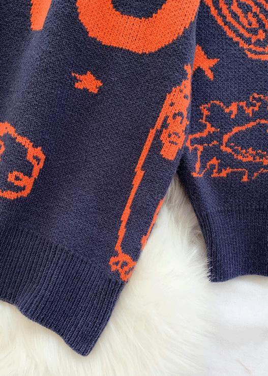 Cute alphabet prints navy knitwear  plus size high neck knit blouse - SooLinen