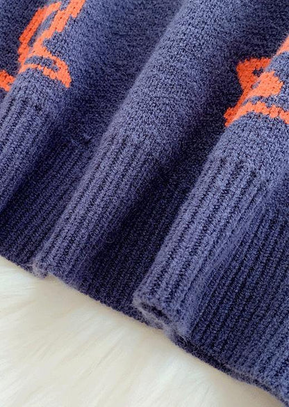 Cute alphabet prints navy knitwear  plus size high neck knit blouse - SooLinen